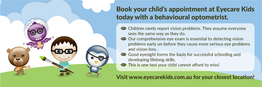 The four mascots of Eyecare Kids, looking happy, in an outdoors setting.